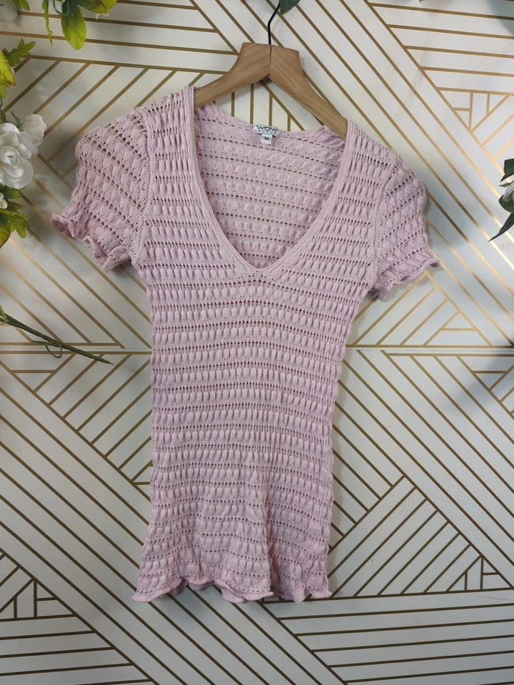Top tejido WOW Couture cuello en V manga corta ajustado ROSA TALLA mediana Y2K Foto 2 de 4
