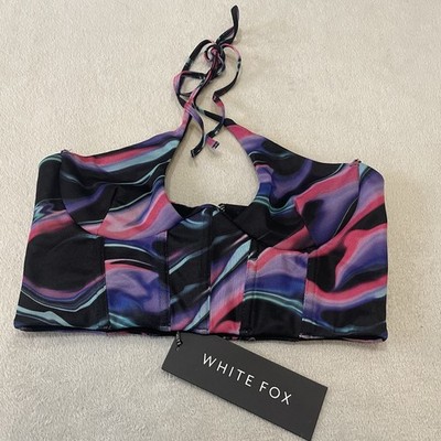 NWT Med White Fox Boutique Late Night Views Mesh Halter Crop Top Abstract Swirl