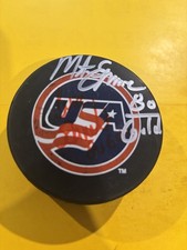 OLD VINTAGE HOCKEY PUCK - 1980 USA MIKE ERUZIONE BUZZ SCHNEIDER AUTOGRAPHS