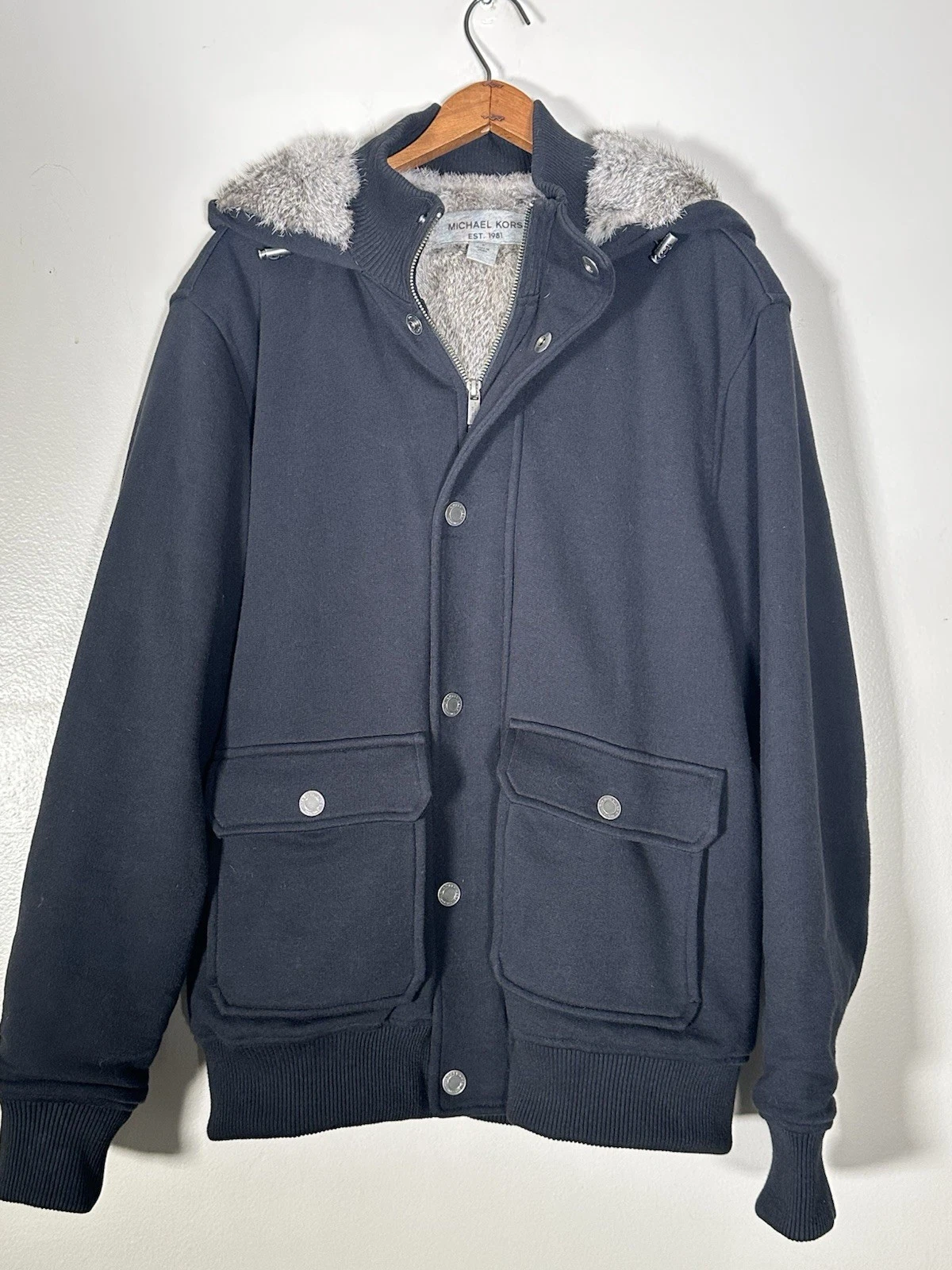 Michael Kors Maglione Nero con Cappuccio e Fodera Grigio 100% Pelliccia di Coniglio Giacca L