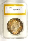 1883-P Better Date MS 65 Morgan Dollar Lovely 2 Sided Rainbow Color Toning PGA