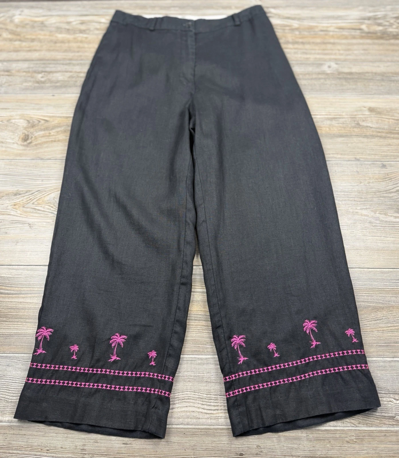 Jillian Jones Linen Pants 8 Black Pink Embroidered Palm Trees Tropical Resort
Opens in a new window 