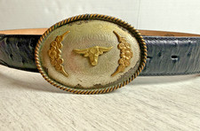 Vintage Western Longhorn Steer Oval Belt Buckle Two Tone Silver Gold Rope Edge