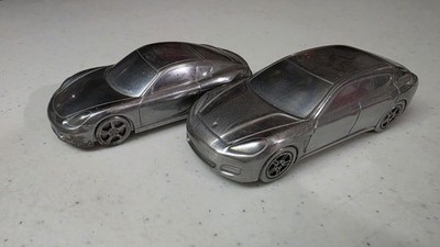 2 Porsche Cayman S and Panamera Turbo Aluminum Billet 1:43 Paperweight Limited 
