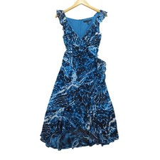 White House Black Market Faux Wrap Dress SZ 4 Tiered Blue Marble Metallic Ruffle