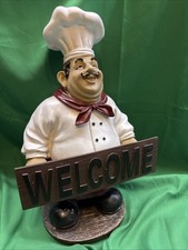 VINTAGE Fat Italian Chef Resin Figurine Holding WELCOME Sign 16" Tall Kitchen