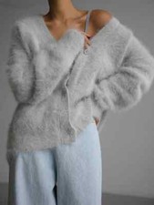 V Neck Soft Cardigan Women Solid Long Sleeve Warm Plush Sweater Coat Lady Winter