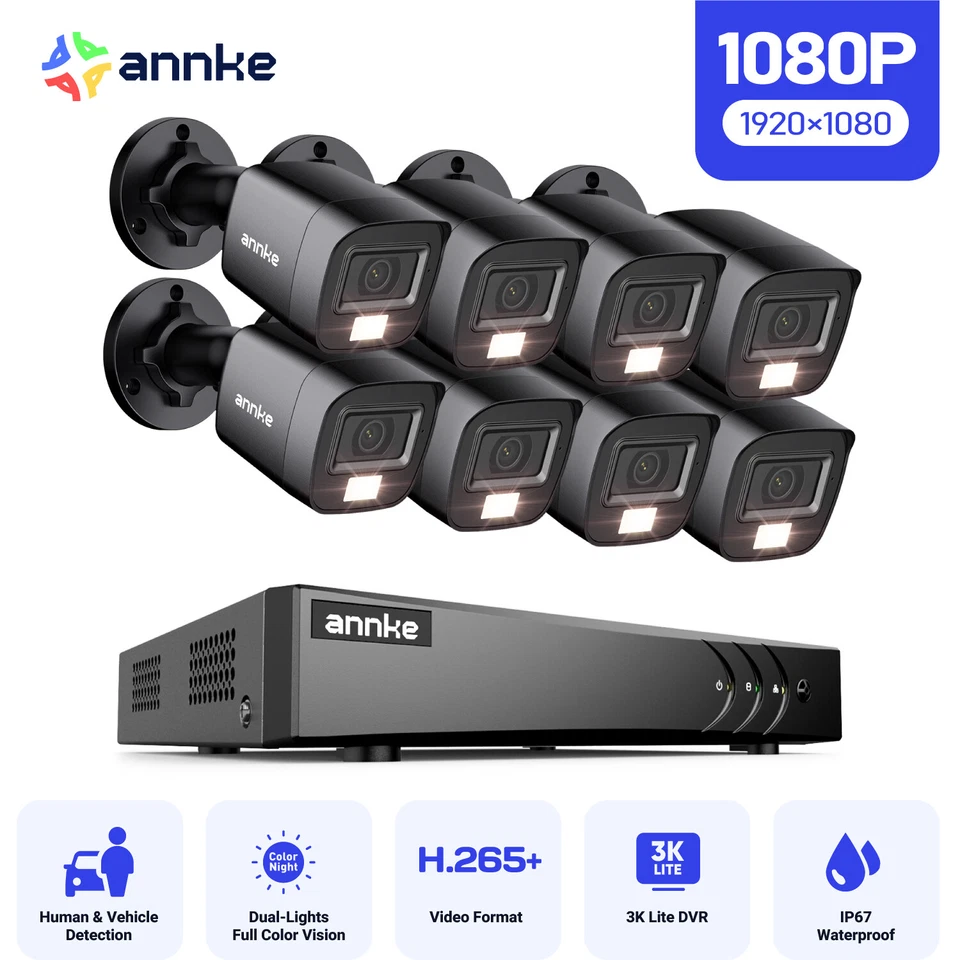 Sistema de cámara de seguridad ANNKE 8CH 3K 5MP Lite DVR 1080P CCTV exterior color noche
