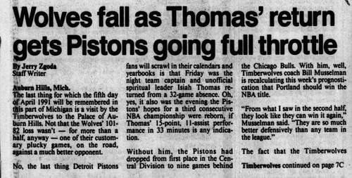 Isiah Thomas 1st gm back injury 3-5-1991 Ticket Stub Timberwolves Pistons ๐ฅ๐ - Picture 3 of 6