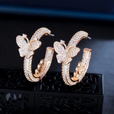 Cute CZ Circle Round Double Butterfly Hoop Earrings for Women Noble Gold Jewelry
