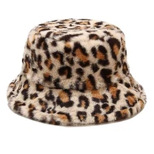 Winter Faux Fur Fuzzy Bucket Hat Fluffy Warm Hat for Women Men Small Leopard ...