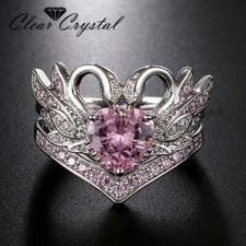 Ring White Gold Electroplated Pink Crystal Stone 925 Sterling Silver 2 PC'S SZ 7