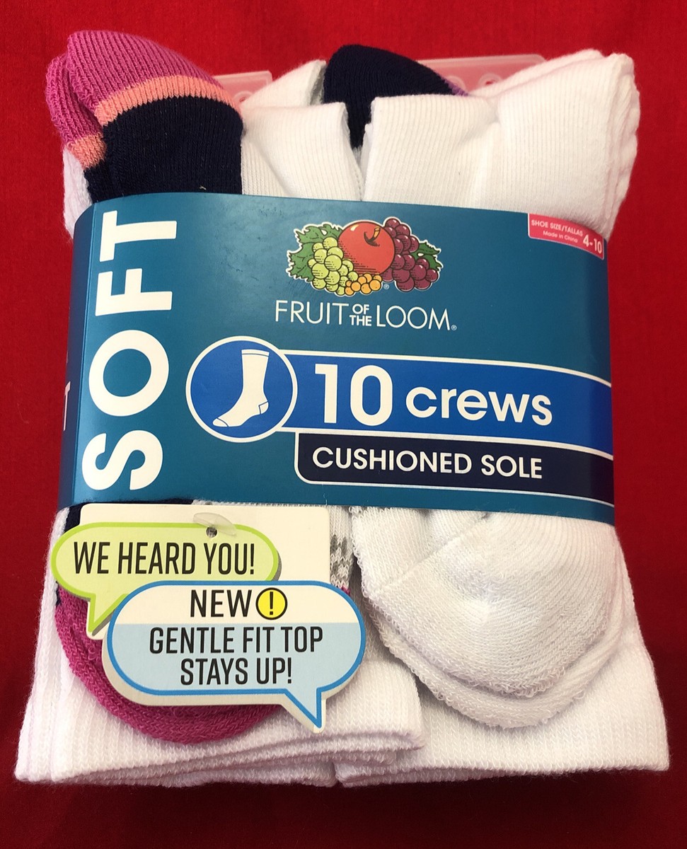Ladies Fruit of the Loom White Cushioned Crew Socks Shoe Size 4-10