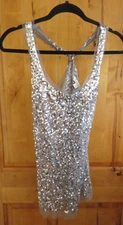 TWENTY ONE VTG BLING HALTER TOP SIZE M SEQUINS FAUX FACETED DIAMONDS TAUPE MESH