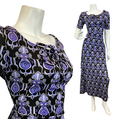 VINTAGE 60er 70er LILA SCHWARZ PSYCHEDELISCH JUGENDSTIL DEKO MAXIKLEID 10 12