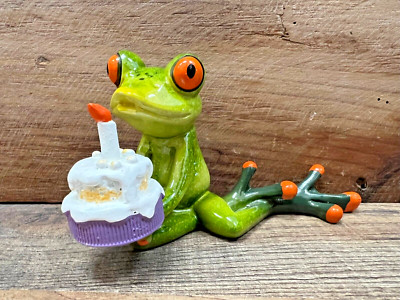Frog With Birthday Cake Resin Figurine 5'' x 3''
