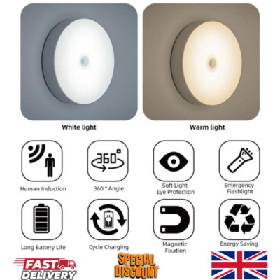 Rechargeable LED Motion Sensor Light USB PIR Magnetic Cabinet Night ...