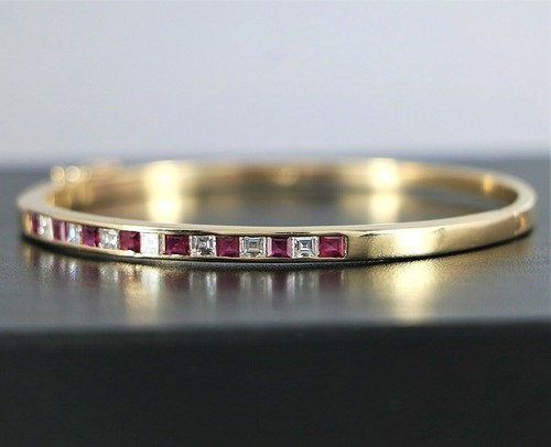 14K Yellow Gold 2.20ct Natural Square Ruby Asscher Diamond Bangle Bracelet - Picture 3 of 8