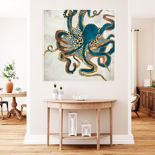 OCTOPUS OCEAN HAMPTONS STYLE GOLD OPTIONS PRINT ON STRETCHED CANVAS PAPER POSTER - Picture 5 of 7
