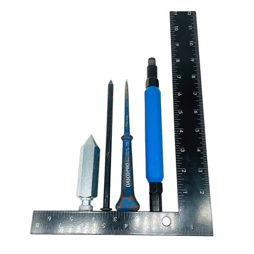 4Pc Dasco Pro and Assorted 431 Scratch Awl, Ounce Steel Plumb Bob and Can Wrench - Picture 4 of 7