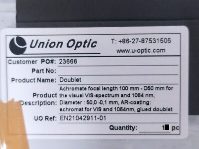 Union Optic Doublet Dia.:50mm AR-coatingachromat for VIS and 1064nm,glued double