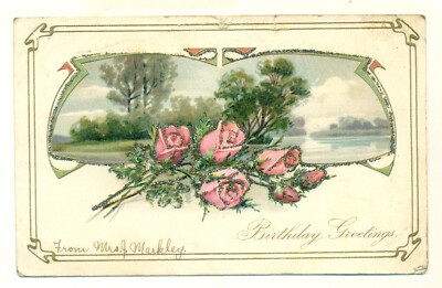 1907 Birthday Greetings Roses Glitter Picturesque Serie 6250 VTG