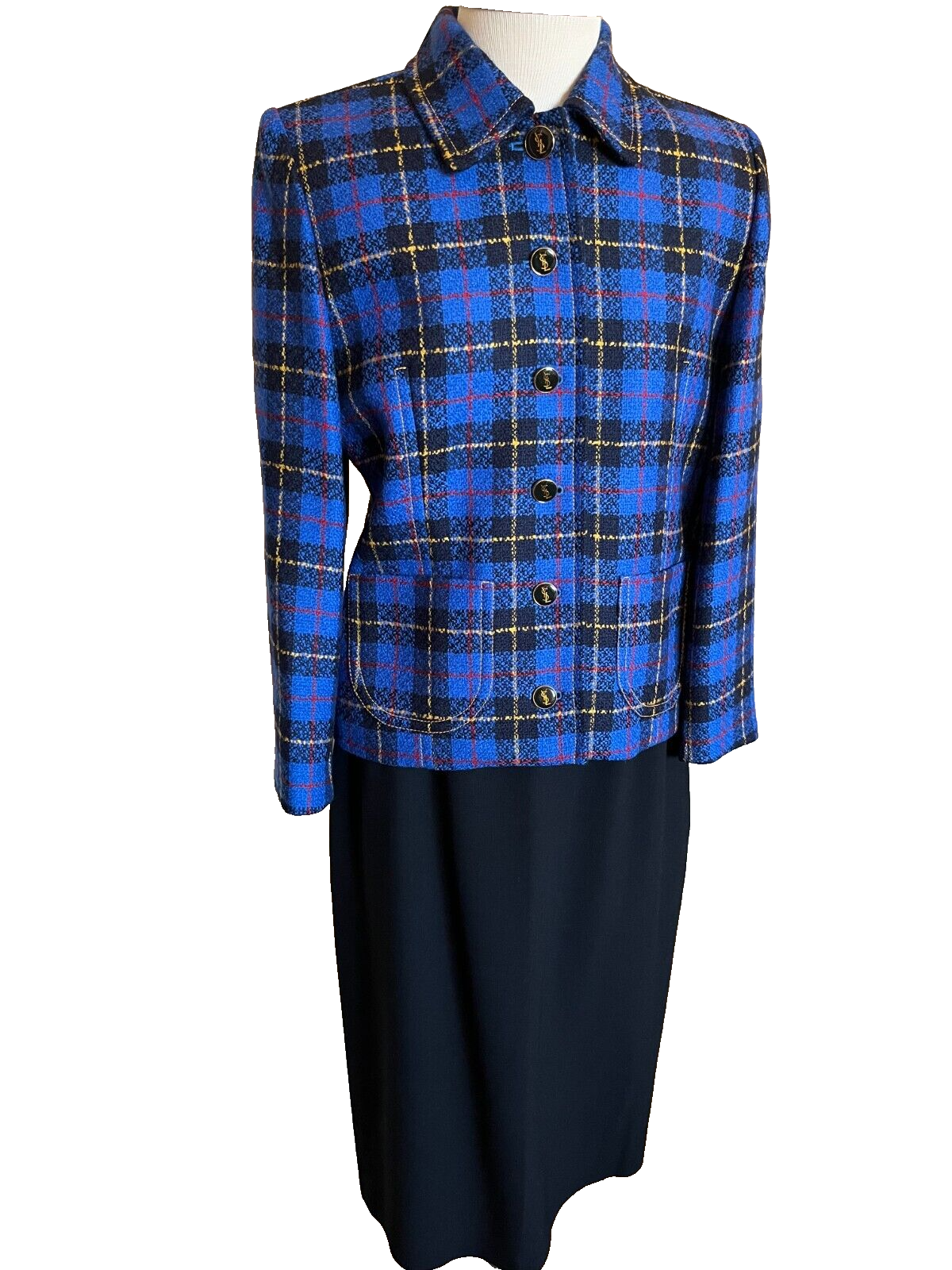 Gonna tuta Yves Saint Laurent France Encore 2 pezzi nero blu lana a quadri taglia 8 10