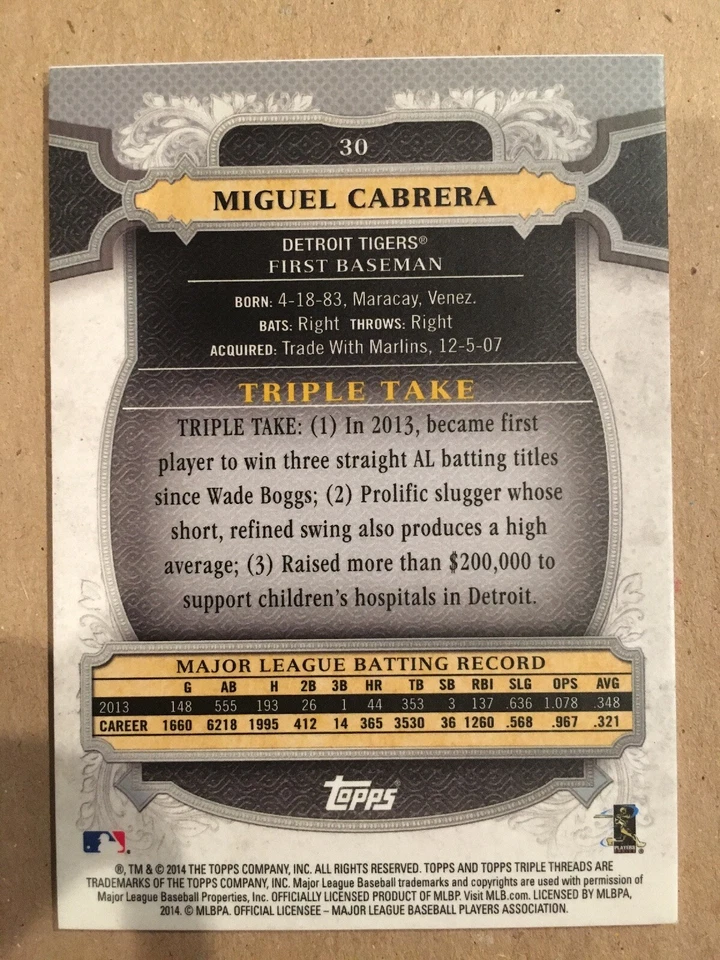 2014 Topps Triple Threads #30 Miguel Cabrera Detroit Tigers - Image 2 of 2