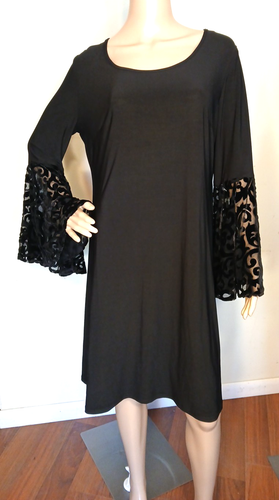 R & M Richards Damen 14 schwarz Stretch Kleid Samt Ausbrenner Glockenärmel T 23 - Bild 1 von 8