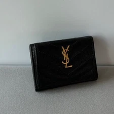 YSL Saint Laurent Caviar Leather Tri-fold Envelope Wallet Clutch Women Black