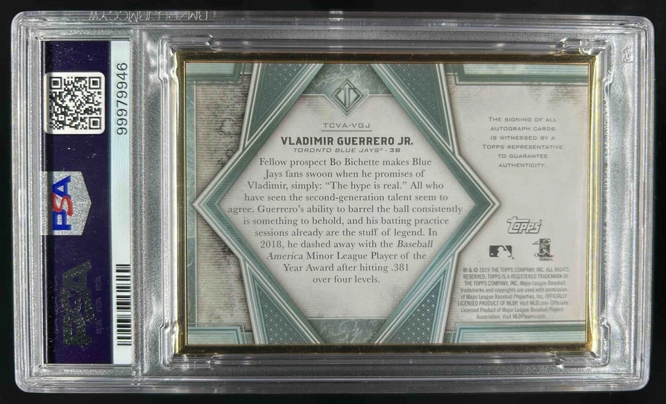2019 Topps Transcendent Vladimir Guerrero Jr. Auto RC Purple #7/10 PSA 9 - Image 2 of 2