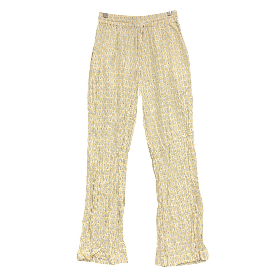 Cotton On Pants Womens 8 Yellow Linen Viscose Flare Elastic Waist Check Summer