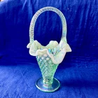Vintage Fenton Art Glass Green Opalescent Hobnail Basket Twisted Handle