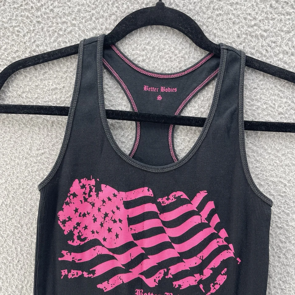 Camiseta sin mangas Better Bodies para mujer pequeña negra rosa gráfica acanalada ropa deportiva gimnasio caminata Foto 4 de 4