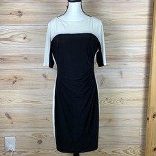 Chaps Sheath Dress Women Large Black Cream Colorblock Ruched Midi Career