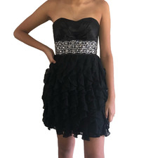 Y2K Black Strapless Formal Dress XS Layerded Ruffles Sweetheart Satin Beads Gems