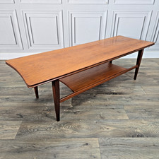 Mid Century Coffee Table - Vintage Teak Long Wooden Danish - Shelf - Retro MCM