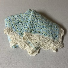 Crochet Baby Blanket Variegated Blue Green Cream Yarn Scallop Lace Trim 36 x37