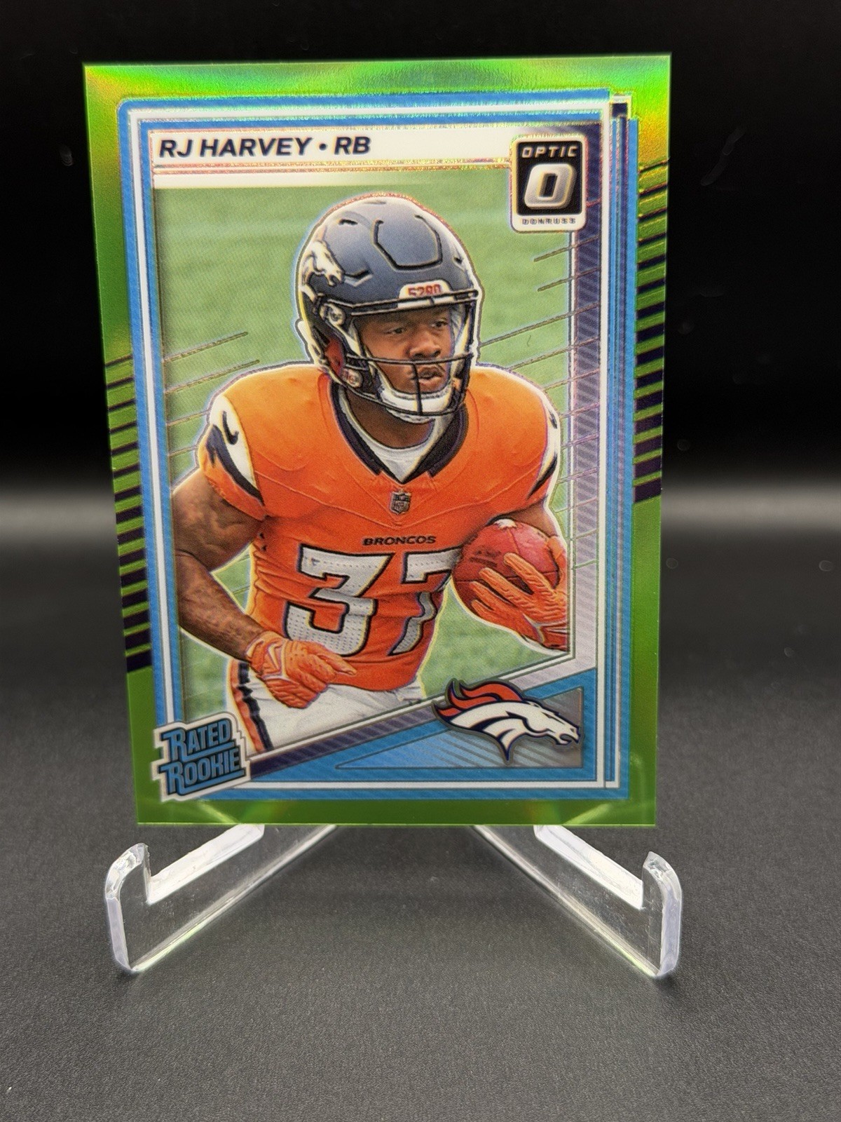 2025 Panini Optic RJ Harvey Rated Rookie #208 Lime Green /50 BRONCOS