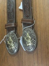 Nocona Tooled Genuine Leather Belt Boys Size 22 Western Bull Rider Buckle Brown
