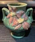 1945 ROSEVILLE Green CLEMATIS Embossed Floral Art Pottery 2 Handle Vase 188-6”