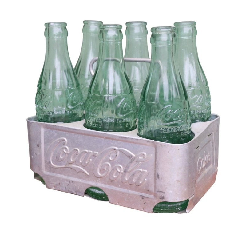Coca Cola Acton Kansas Six Pack Bottle Holder With Six Vintage Glass Bottles
