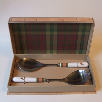 Spode Glen Lodge Tartan Salad Servers Stag, Pheasant Porcelain Handles NIB