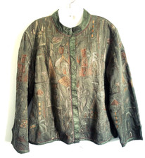 Chico's Woman Size 2 Med Blazer Jacket Tapestry Satin Trim 3/4 Sleeve Dark Green