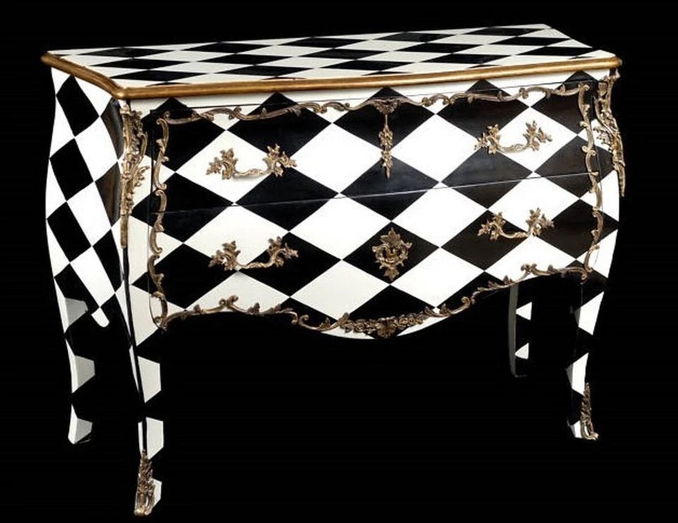 Casa Padrino Barock Kommode Schwarz / Weiß Karo / Gold Möbel - Bild 1 von 1