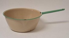Vintage Cream & Green Trim Enamelware 10.75" Stock Pot Pan with Pour Spout