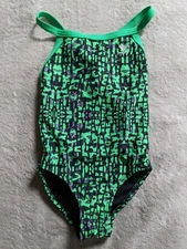 TYR One Piece Swimsuit Girls Youth 22 Black Green Grey Gray Swim Suit