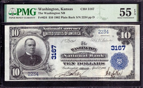 1902 $10 WASHINGTON NATIONAL BANK NOTE CURRENCY KANSAS PMG ABOUT UNC AU 55 EPQ