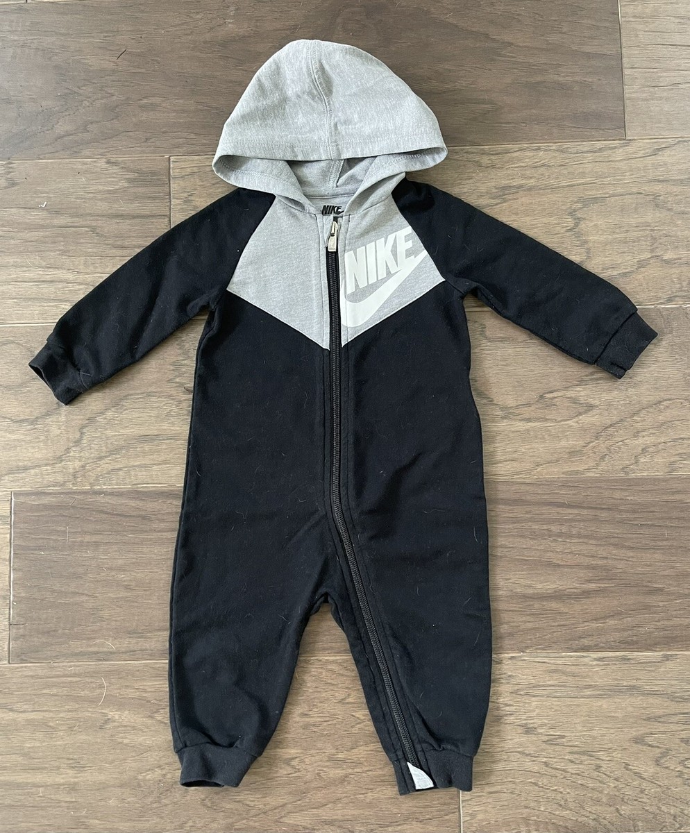 NIKE Baby Coverall Hoodie Cotton One Piece Full Zip Black White