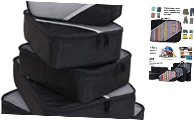 Packing Cubes for Travel 5 Set - Compression Luggage Organizers Bags, 3 Black